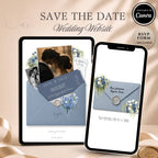 Dusty Blue Save The Date Wedding Website template with RSVP form and editable Canva design