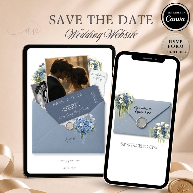 Dusty Blue Save The Date Wedding Website template with RSVP form and editable Canva design
