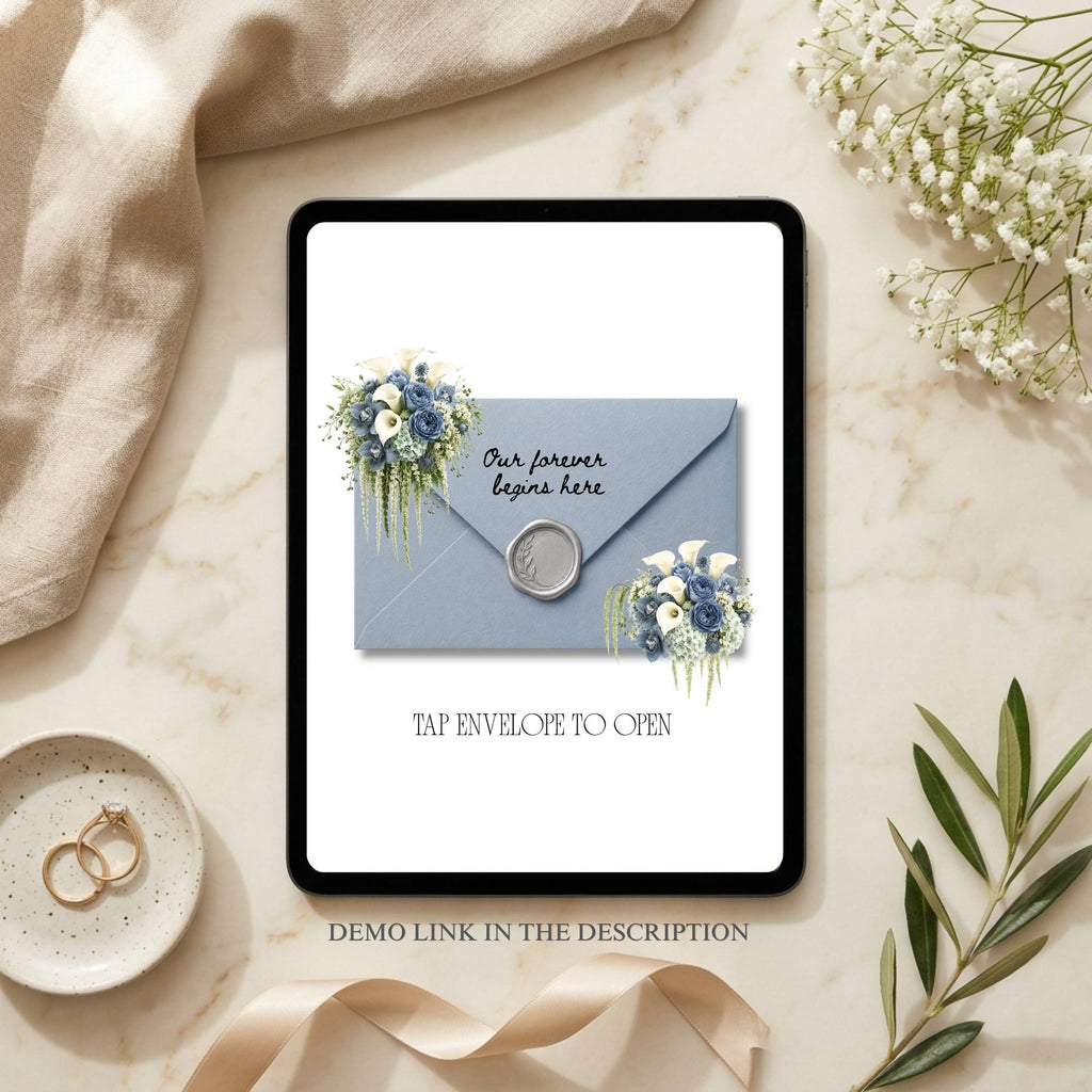 Editable Dusty Blue Save The Date Wedding Website Canva template