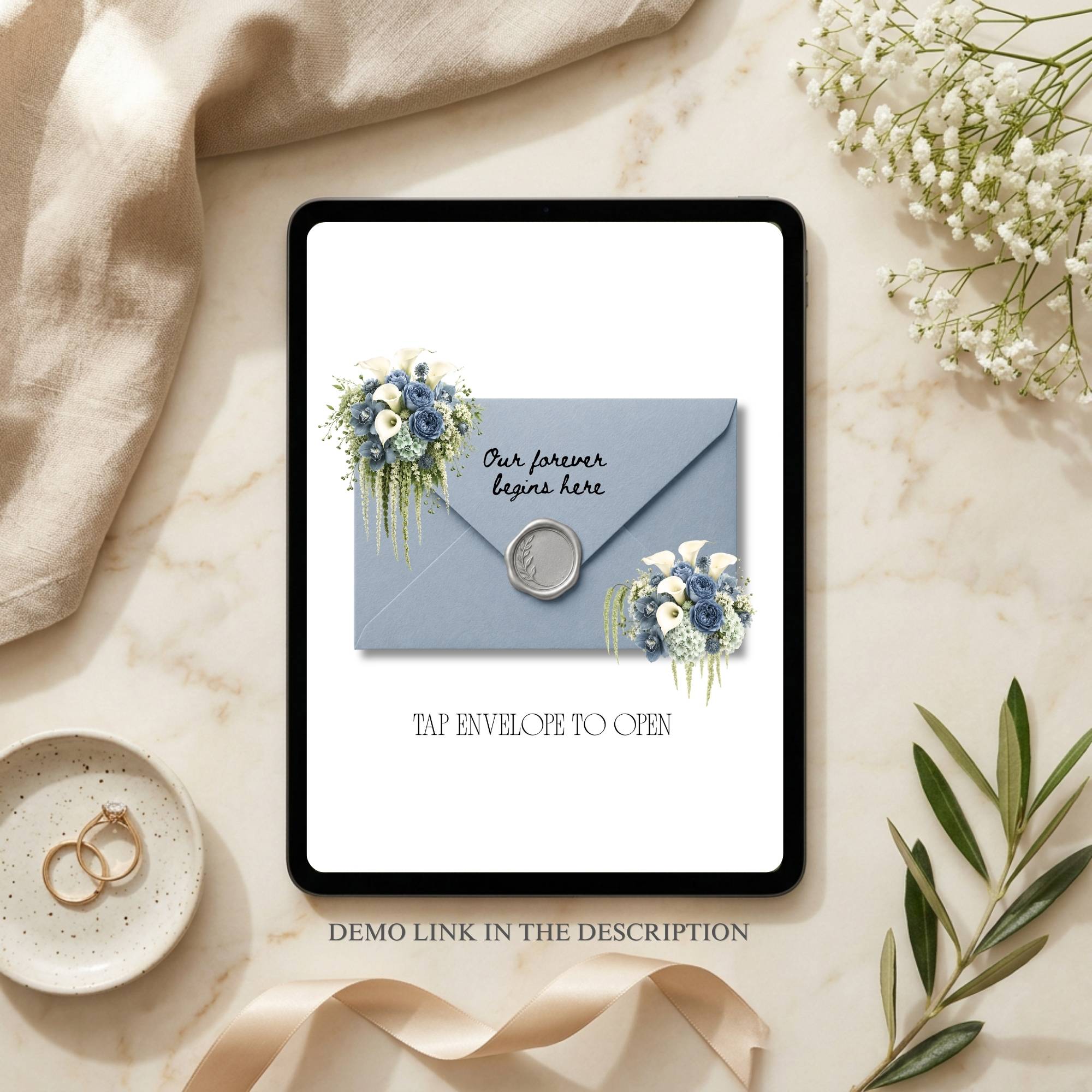 Editable Dusty Blue Save The Date Wedding Website Canva template