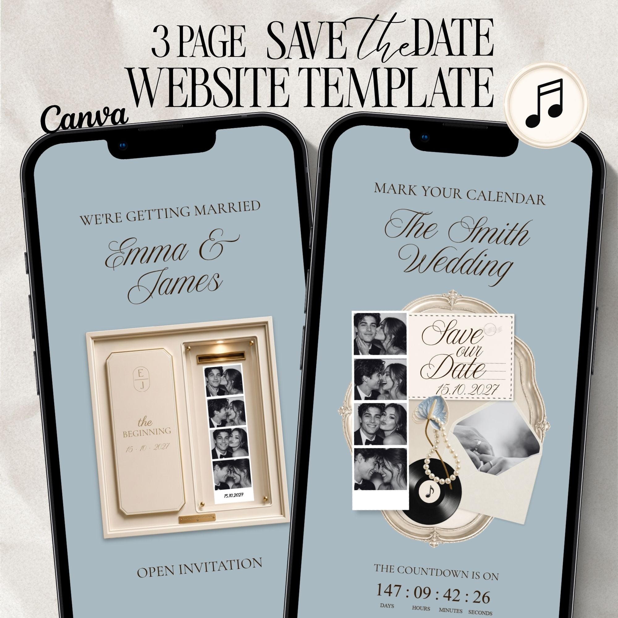 Dusty blue photo booth save the date website template featuring an interactive wedding announcement with music and countdown.