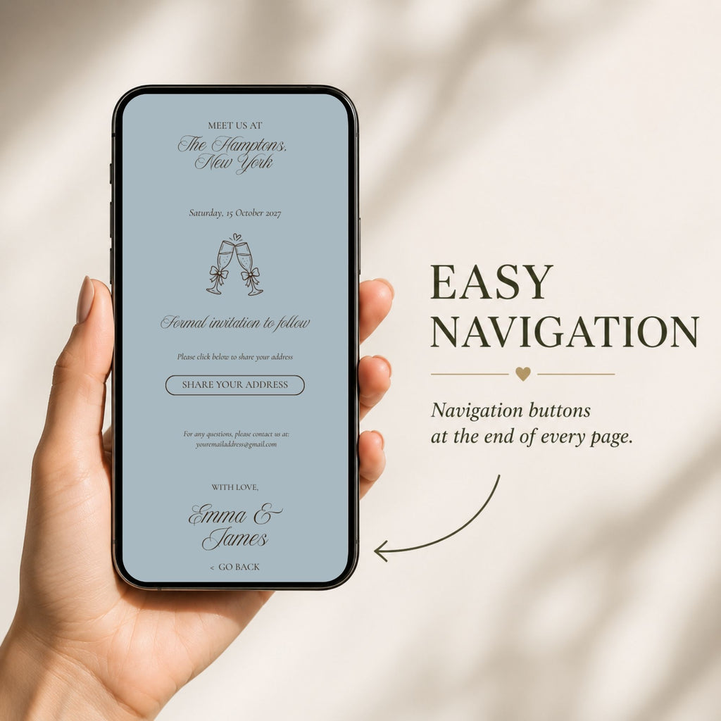 Mobile-friendly dusty blue save the date website with smooth navigation and interactive wedding features.