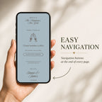 Mobile-friendly dusty blue save the date website with smooth navigation and interactive wedding features.