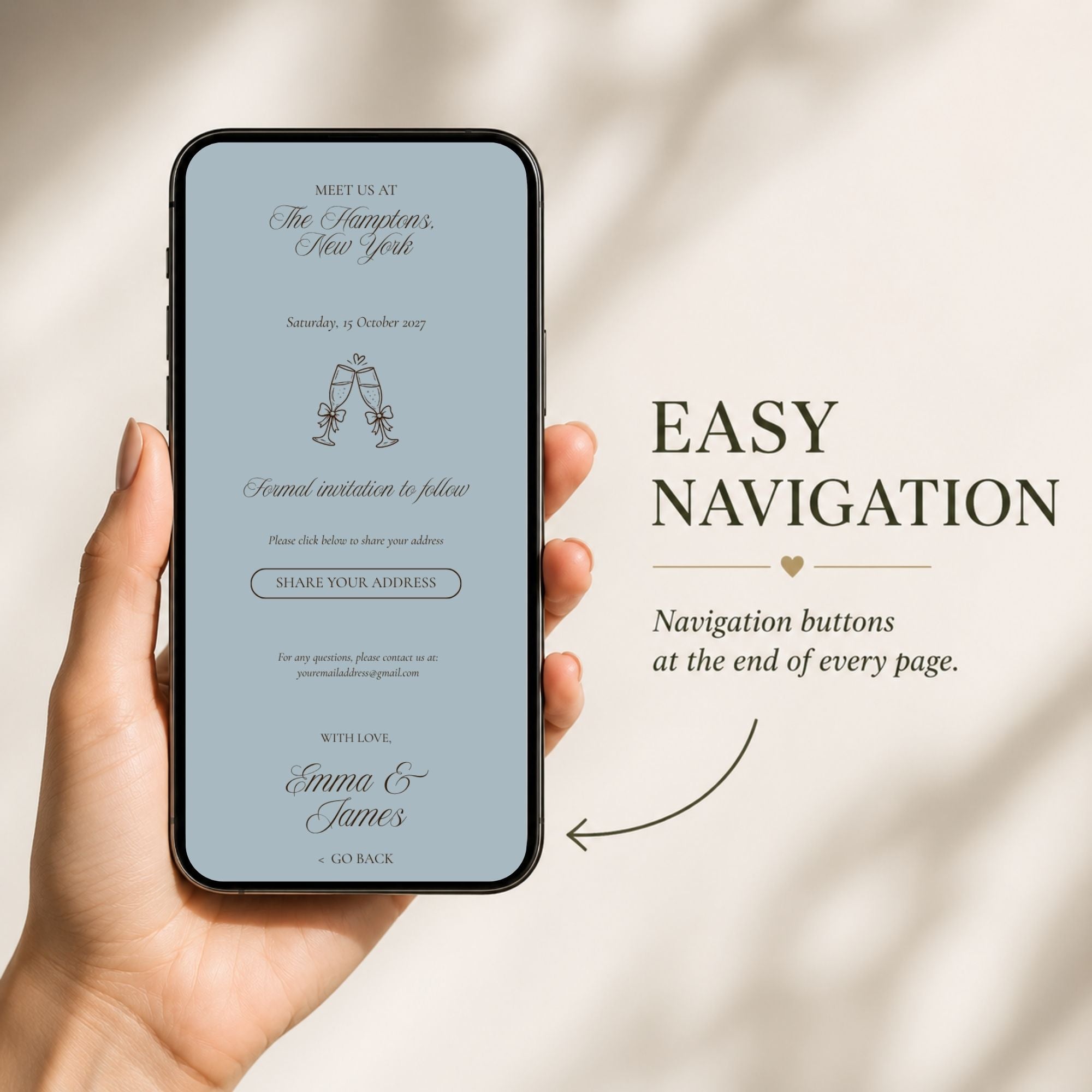 Mobile-friendly dusty blue save the date website with smooth navigation and interactive wedding features.