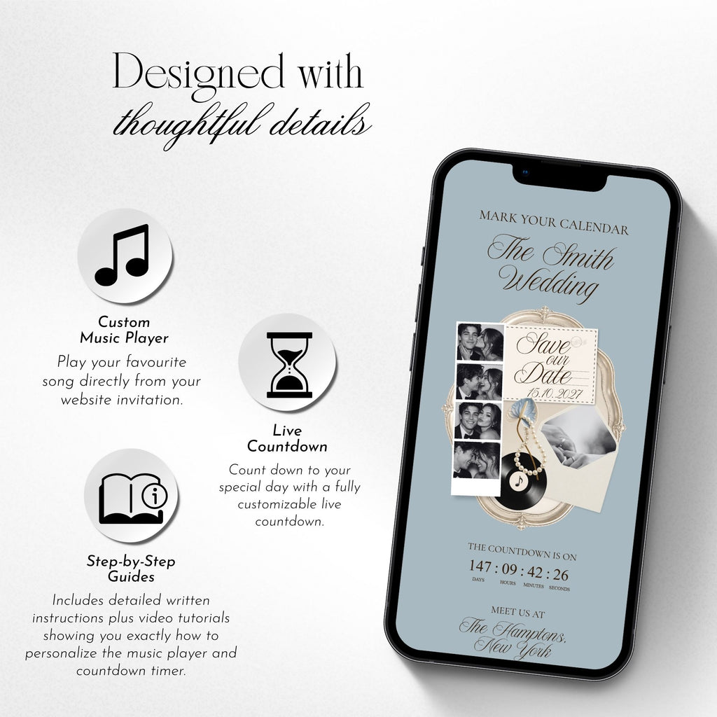 Dusty blue save the date website template featuring photo booth, countdown, music, gallery, and wedding details.