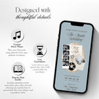 Dusty blue save the date website template featuring photo booth, countdown, music, gallery, and wedding details.