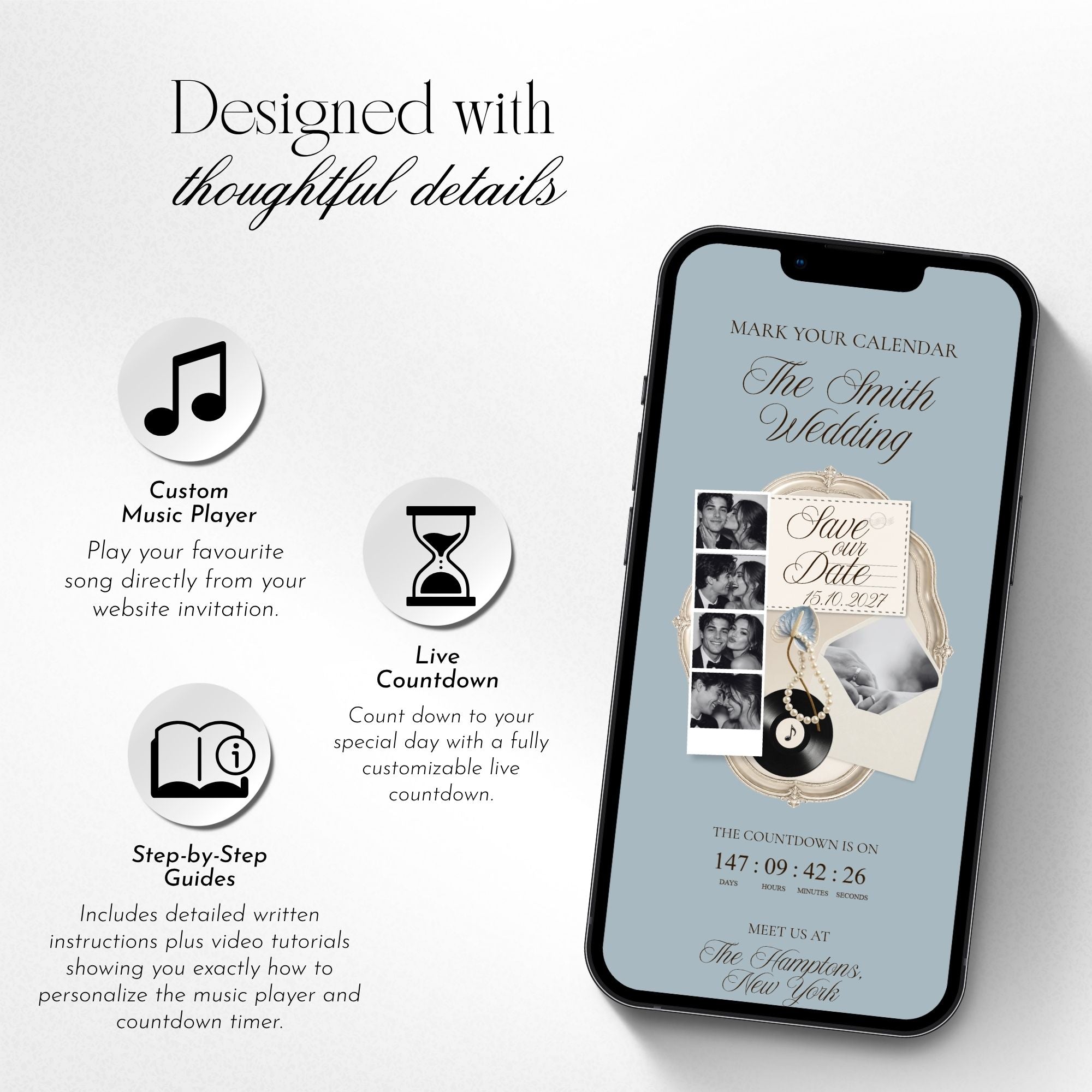 Dusty blue save the date website template featuring photo booth, countdown, music, gallery, and wedding details.