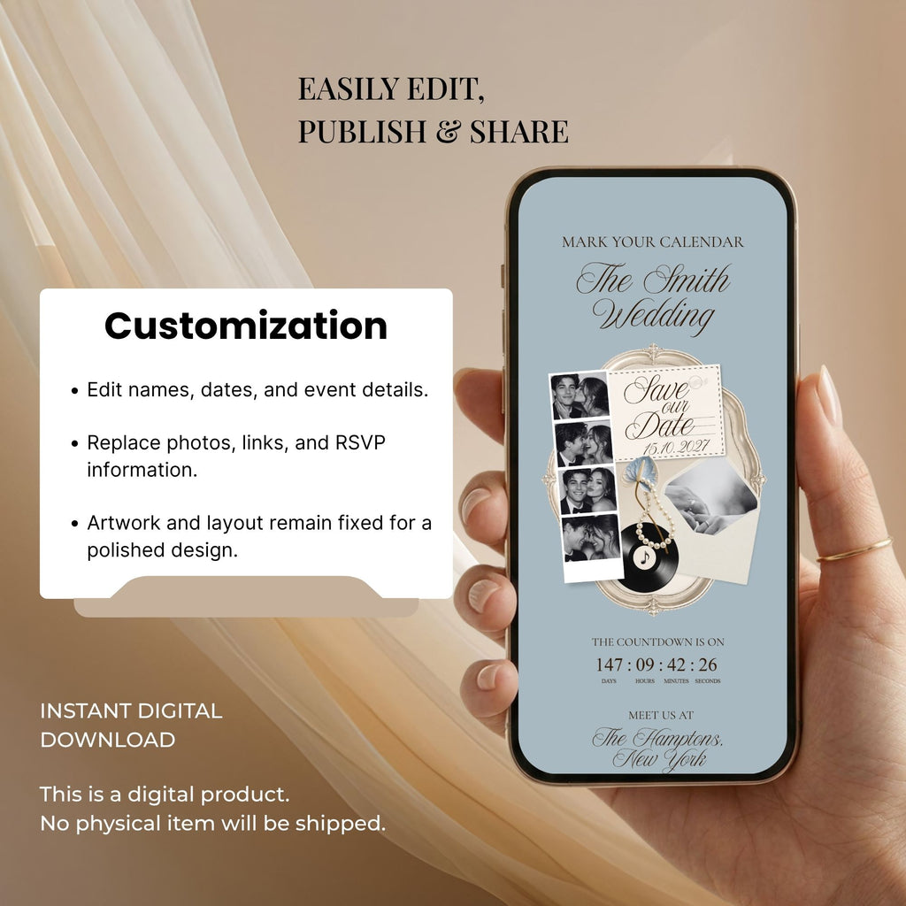 Editable Canva dusty blue save the date website template with customizable text, colours, photos, and links.