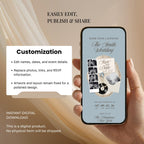 Editable Canva dusty blue save the date website template with customizable text, colours, photos, and links.