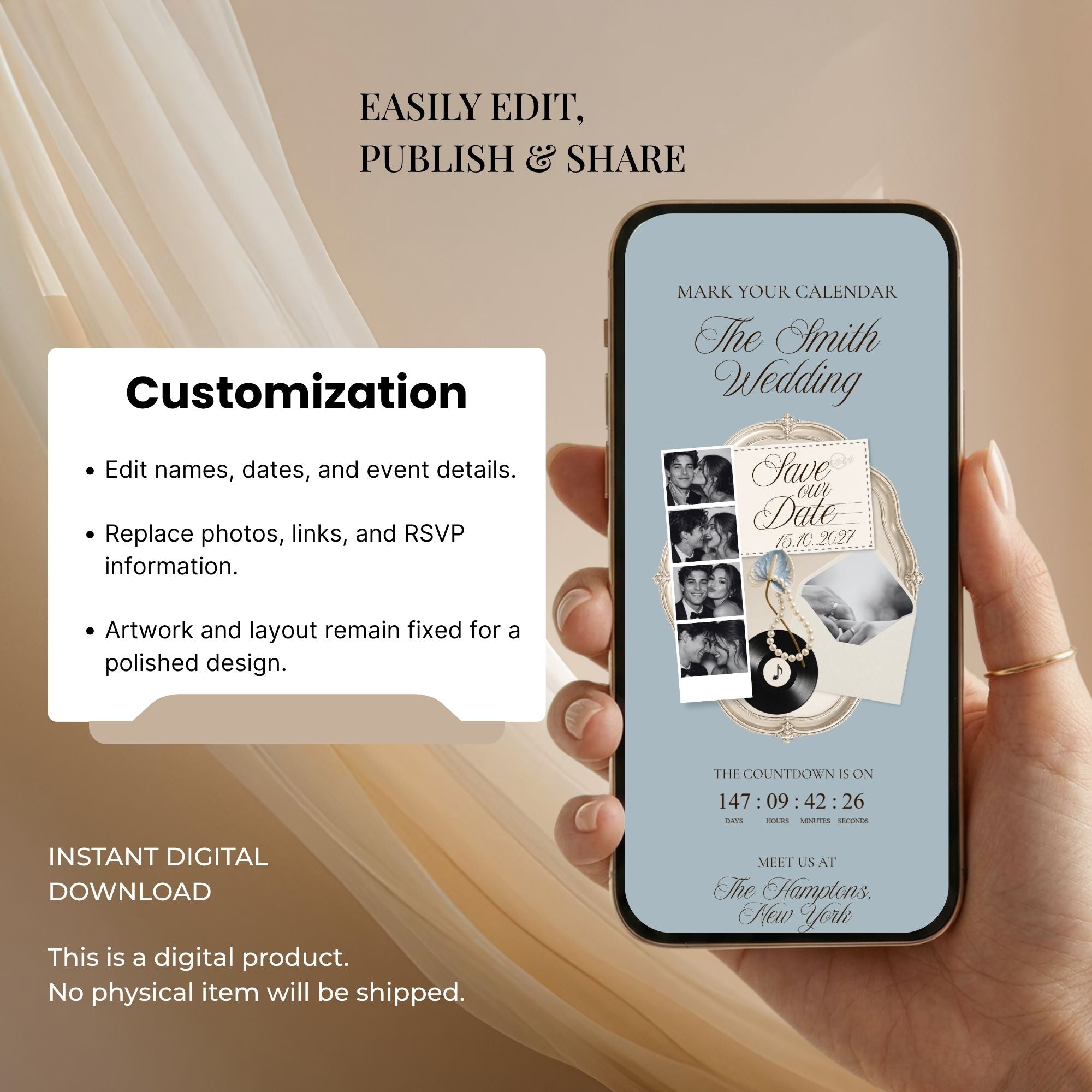 Editable Canva dusty blue save the date website template with customizable text, colours, photos, and links.