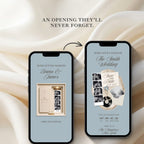 Fully editable dusty blue wedding save the date website template designed in Canva.