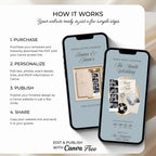 Step-by-step guide showing how to customize, publish, and share your dusty blue save the date website.