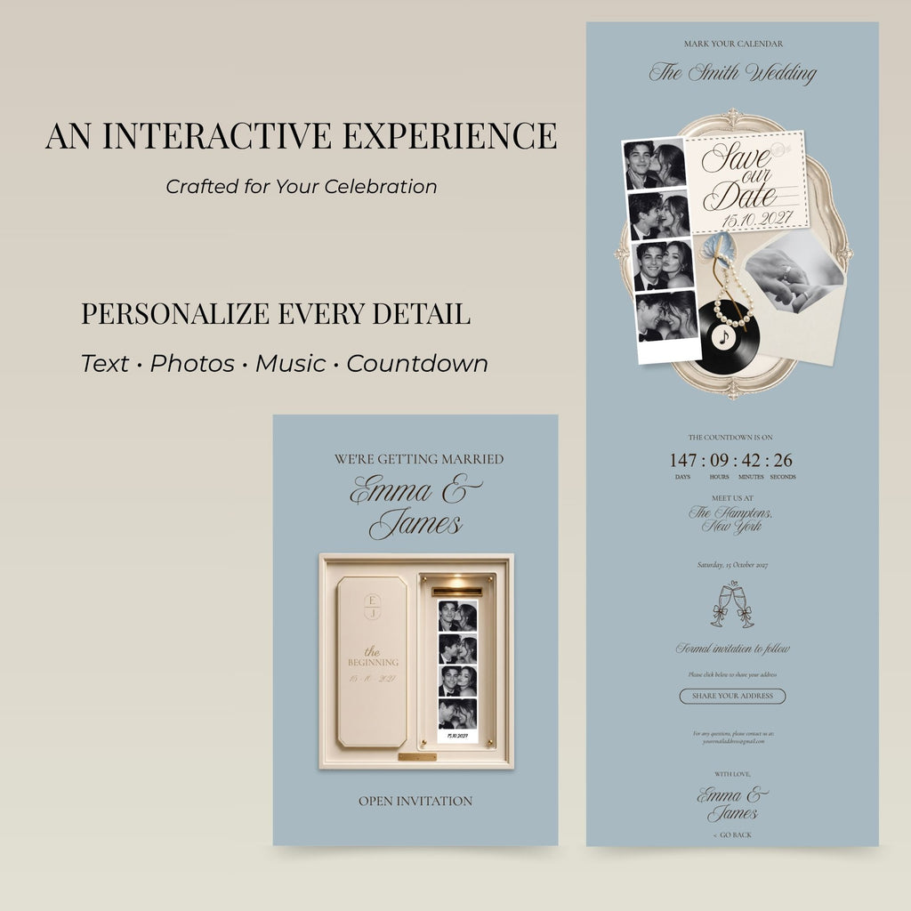 Save the date website template including countdown, music, photo booth, gallery, and wedding announcement pages.