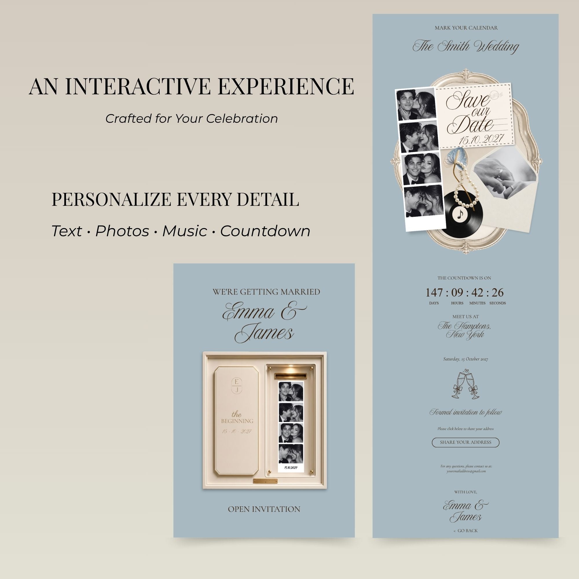 Save the date website template including countdown, music, photo booth, gallery, and wedding announcement pages.