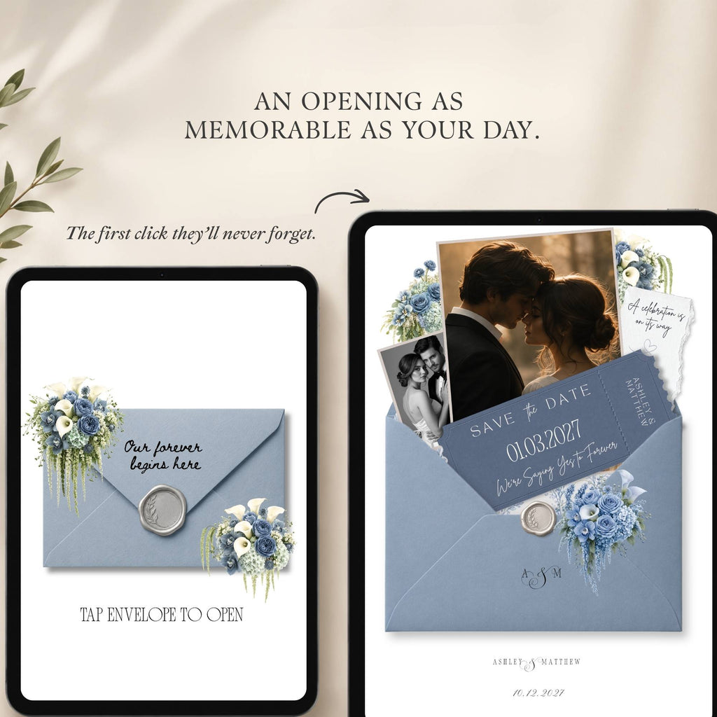 Responsive Dusty Blue wedding website displayed on mobile phone