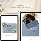 Responsive Dusty Blue wedding website displayed on mobile phone