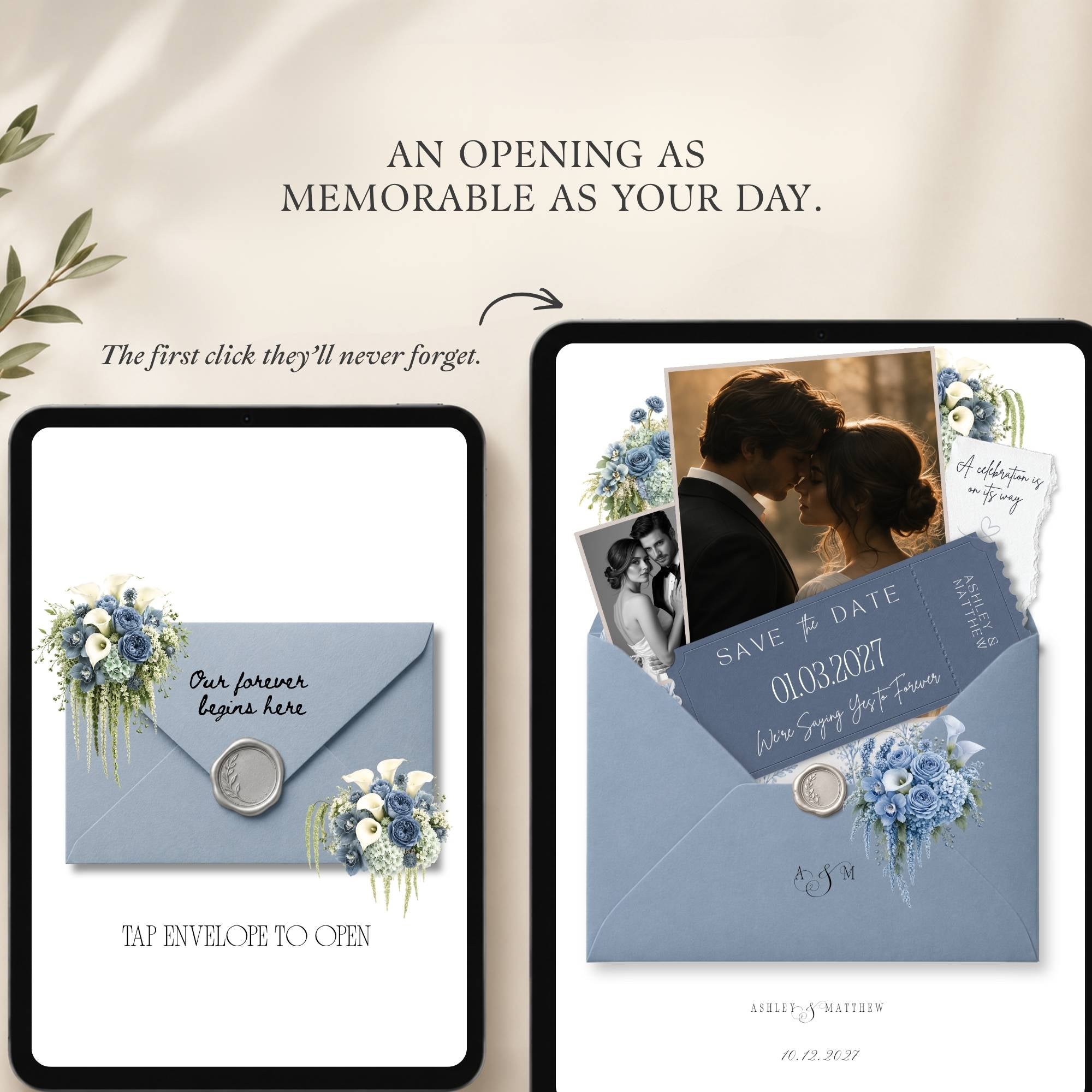 Responsive Dusty Blue wedding website displayed on mobile phone