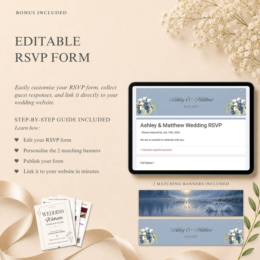 Dusty blue wedding website envelope opening page with elegant floral details and wax seal design