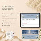 Dusty blue wedding website envelope opening page with elegant floral details and wax seal design