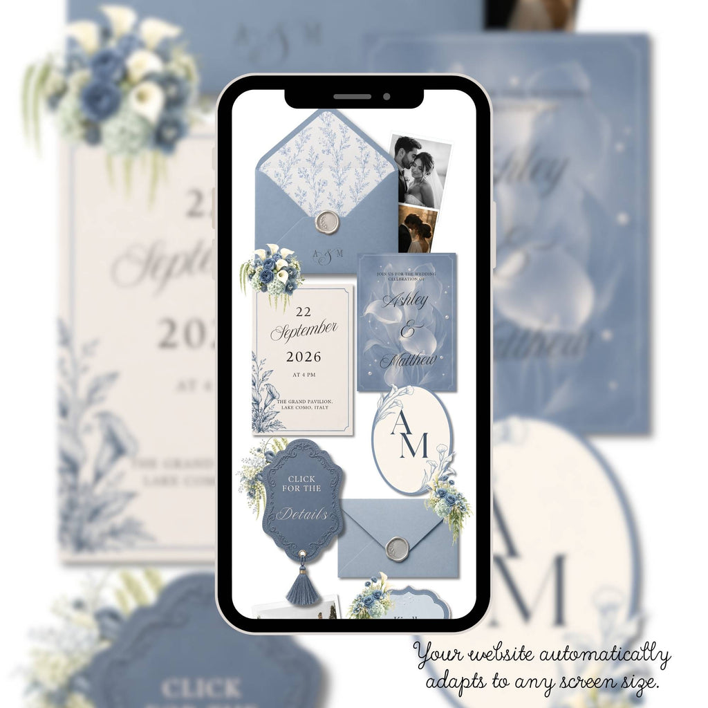 Editable dusty blue wedding website love story page template featuring romantic photo layout
