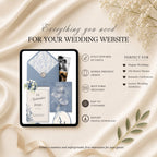 Dusty blue wedding website template showing four editable pages including RSVP and love story sections