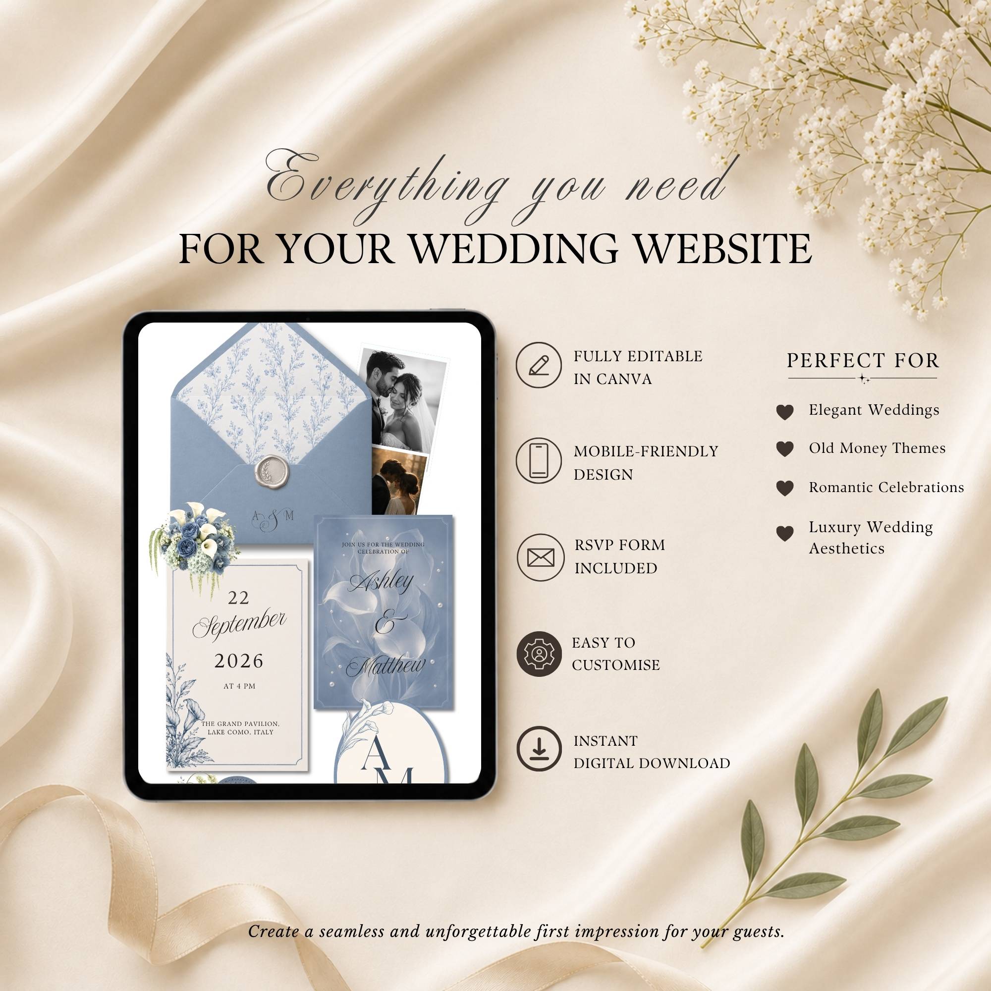 Dusty blue wedding website template showing four editable pages including RSVP and love story sections