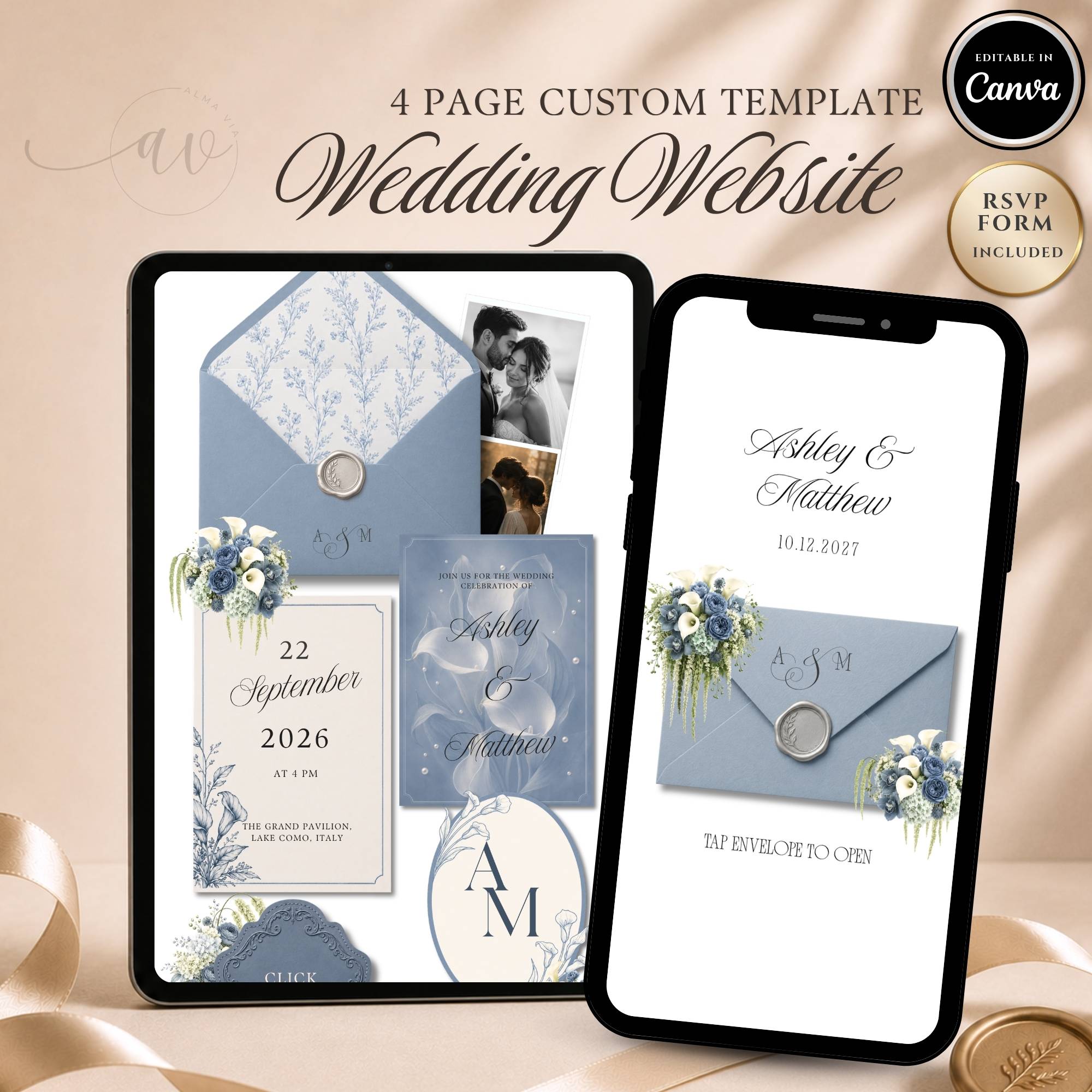 Dusty blue wedding website template with RSVP form, editable Canva wedding website featuring calla lilies and envelope opening page