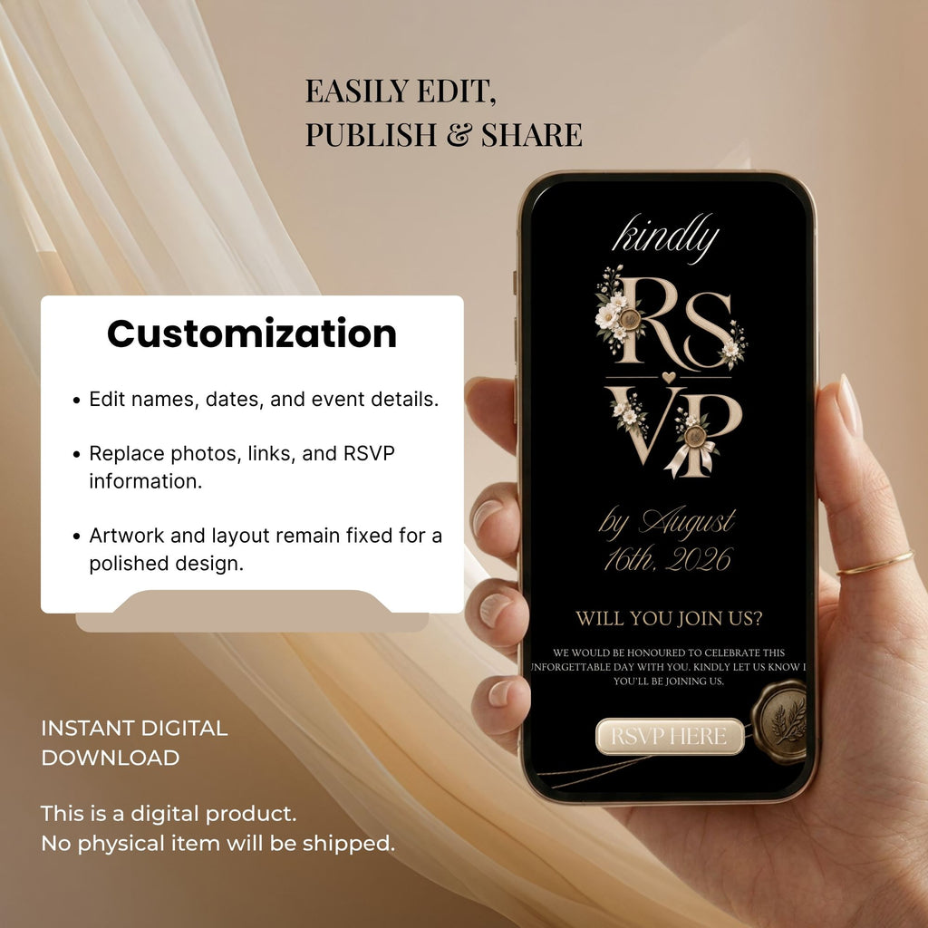 Editable black and gold Canva wedding website with customizable names, dates, photographs, event details, links and online RSVP.