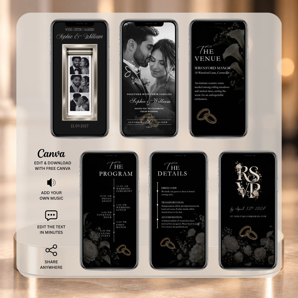 Editable black and gold wedding video invitation showing photo booth, couple portrait, venue, programme, details and RSVP screens.