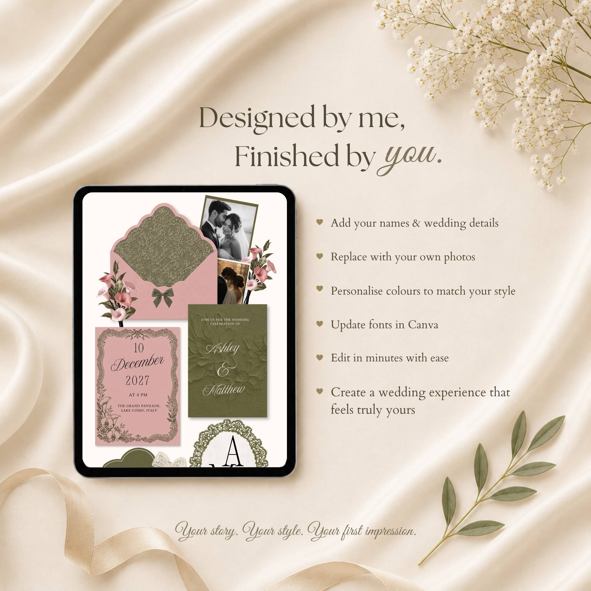Editable Canva wedding website template with customizable colours fonts and photos.