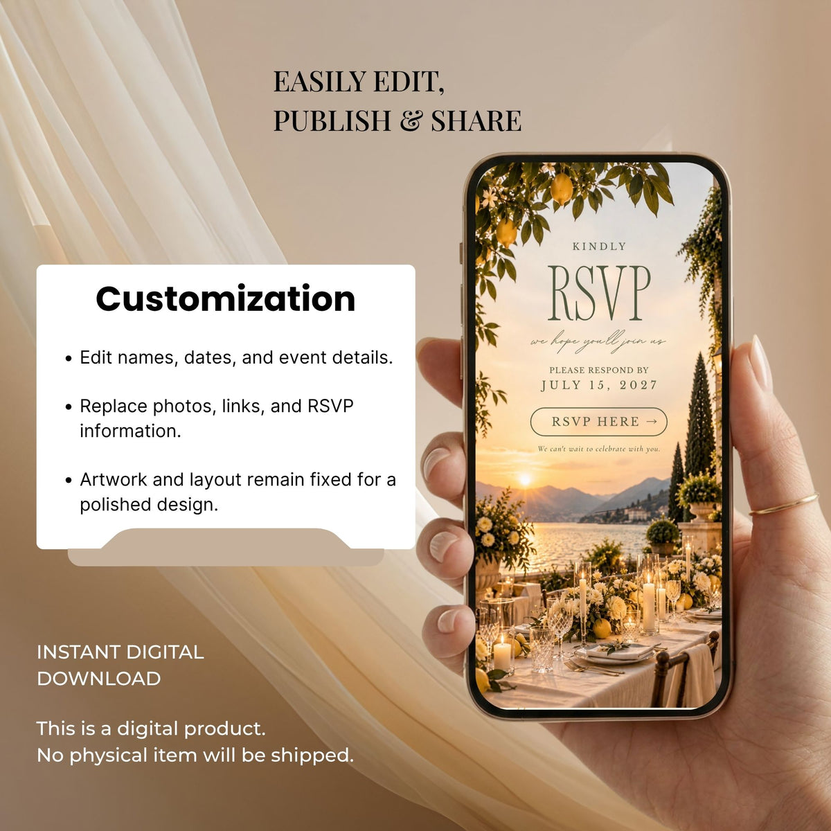 Editable Canva wedding website with customizable names, dates, photographs, event details, links and online RSVP