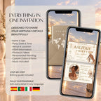 Editable champagne passport birthday video invitation with date, destination, RSVP, photos, wording, colours, fonts and music.