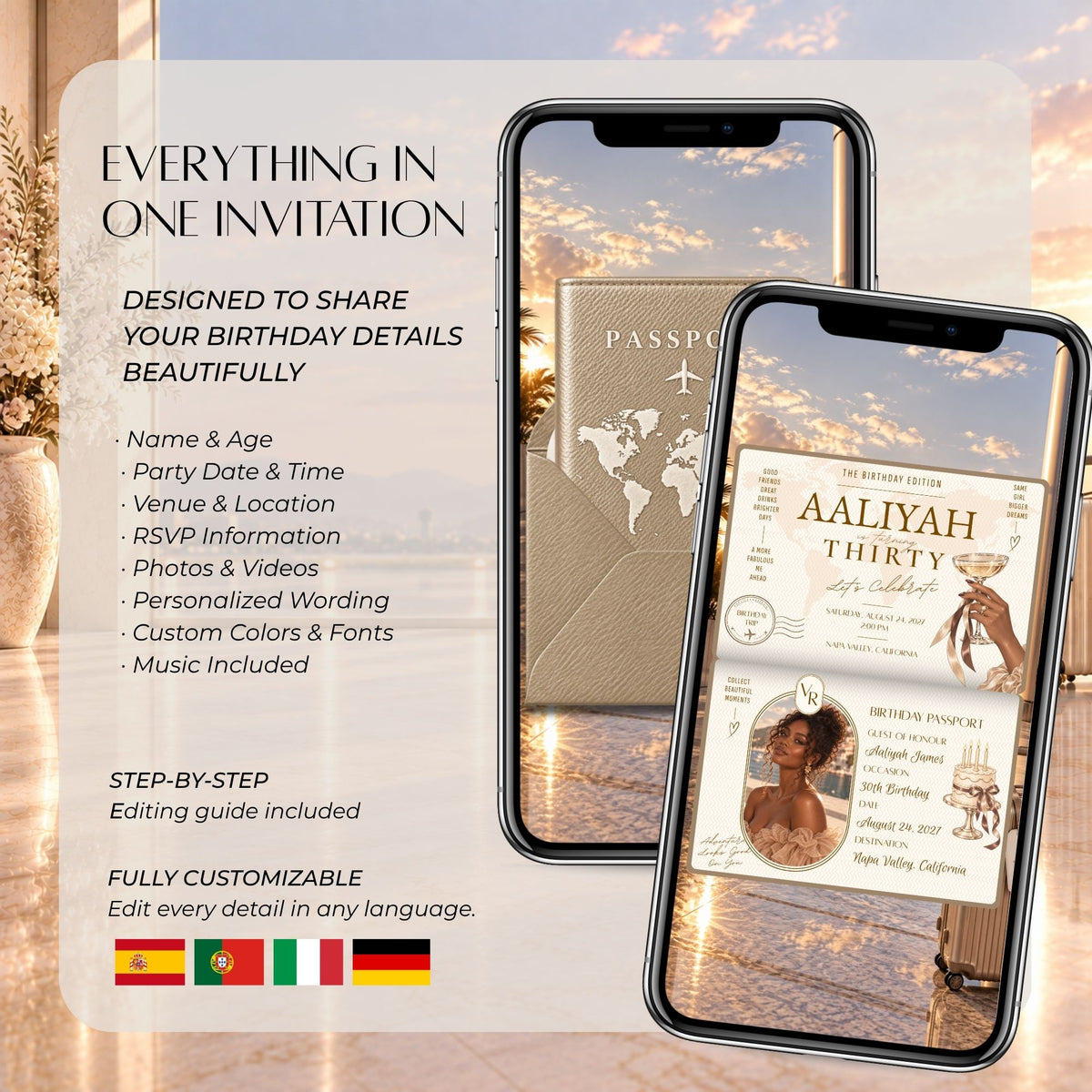 Editable champagne passport birthday video invitation with date, destination, RSVP, photos, wording, colours, fonts and music.