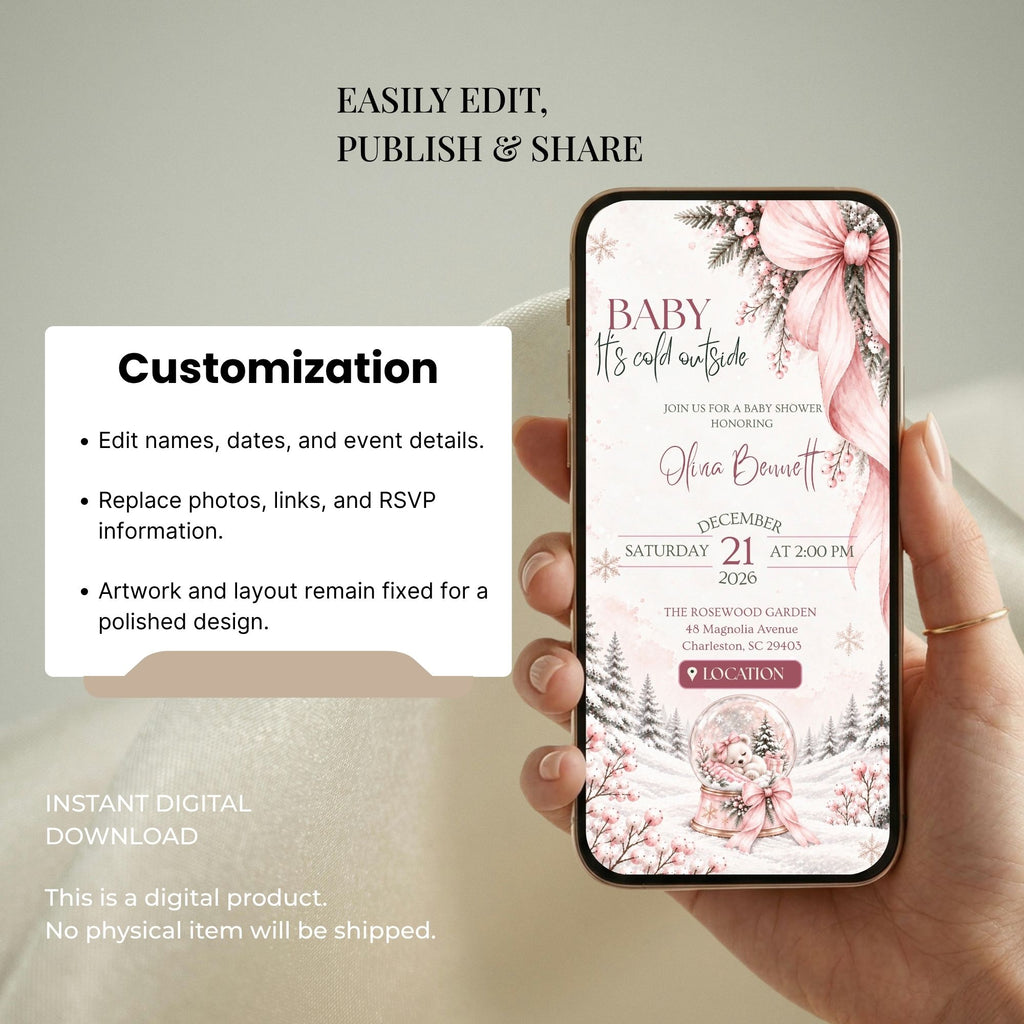 Editable Christmas baby shower website with customizable names, dates, photos, links, RSVP information and pink winter design