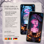 Editable Halloween gender reveal video invitation with names, reveal wording, event details, music, colours and fonts.