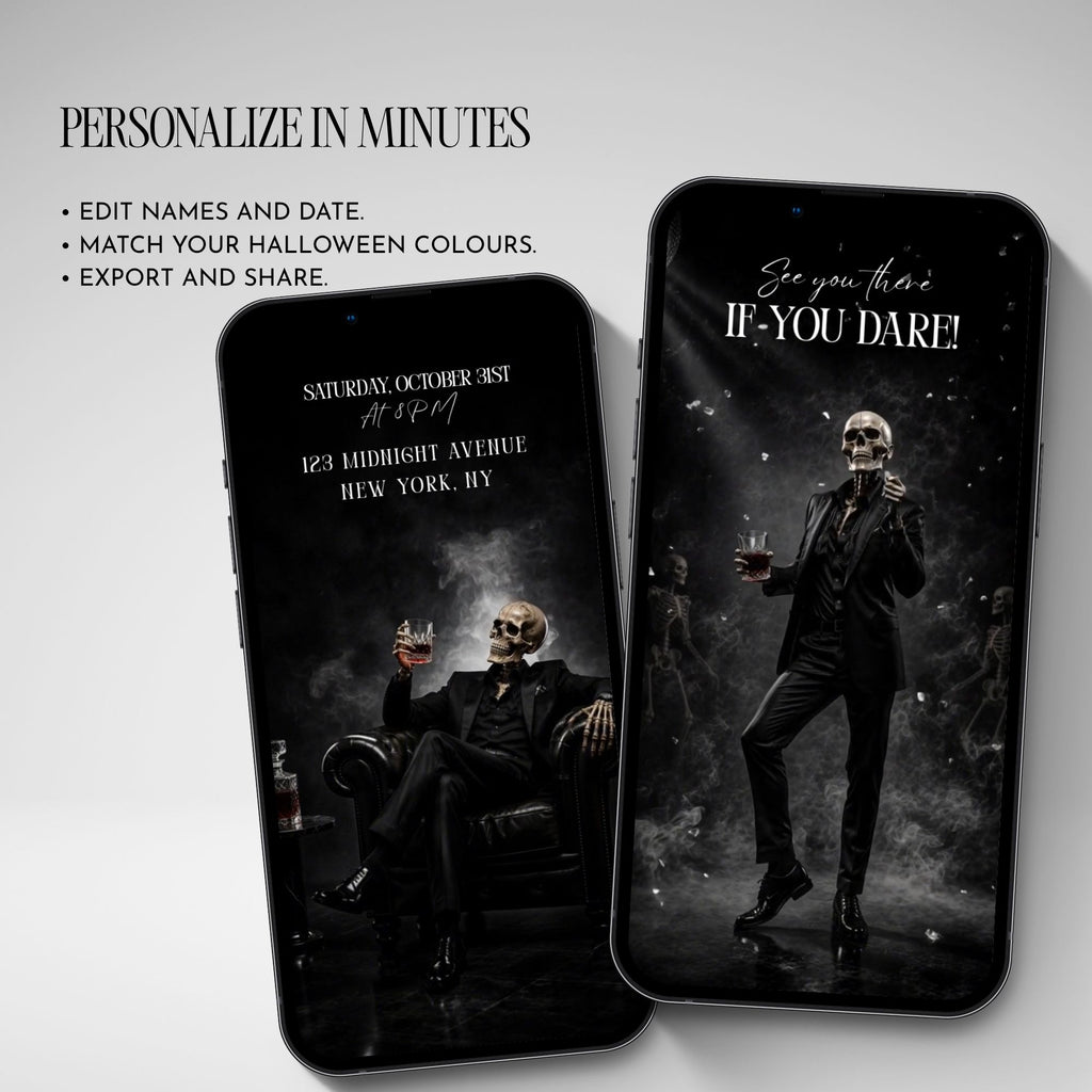Spooky Halloween party video invitation displayed on a phone with mobile-friendly editable party details.