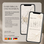 Editable ivory save the date video with animated envelope opening, couple photo, calendar, music and wedding announcement details.