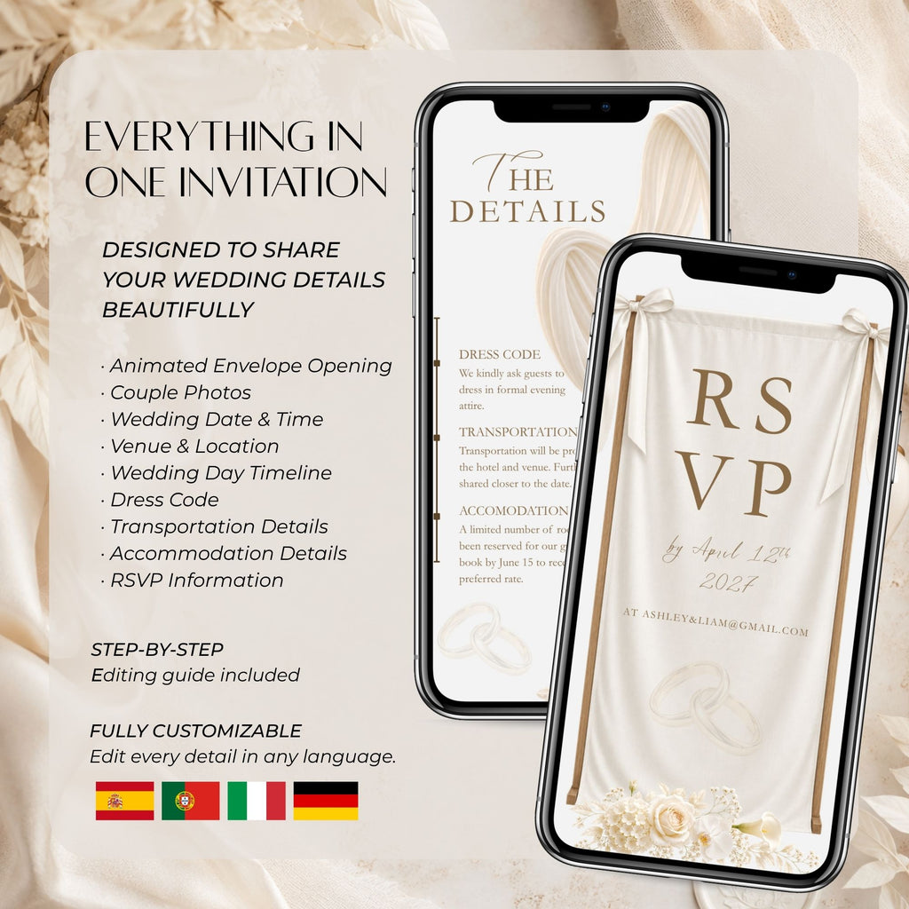 Editable ivory wedding video invitation with programme, RSVP, venue, dress code, accommodation and transportation details.