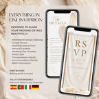 Editable ivory wedding video invitation with programme, RSVP, venue, dress code, accommodation and transportation details.