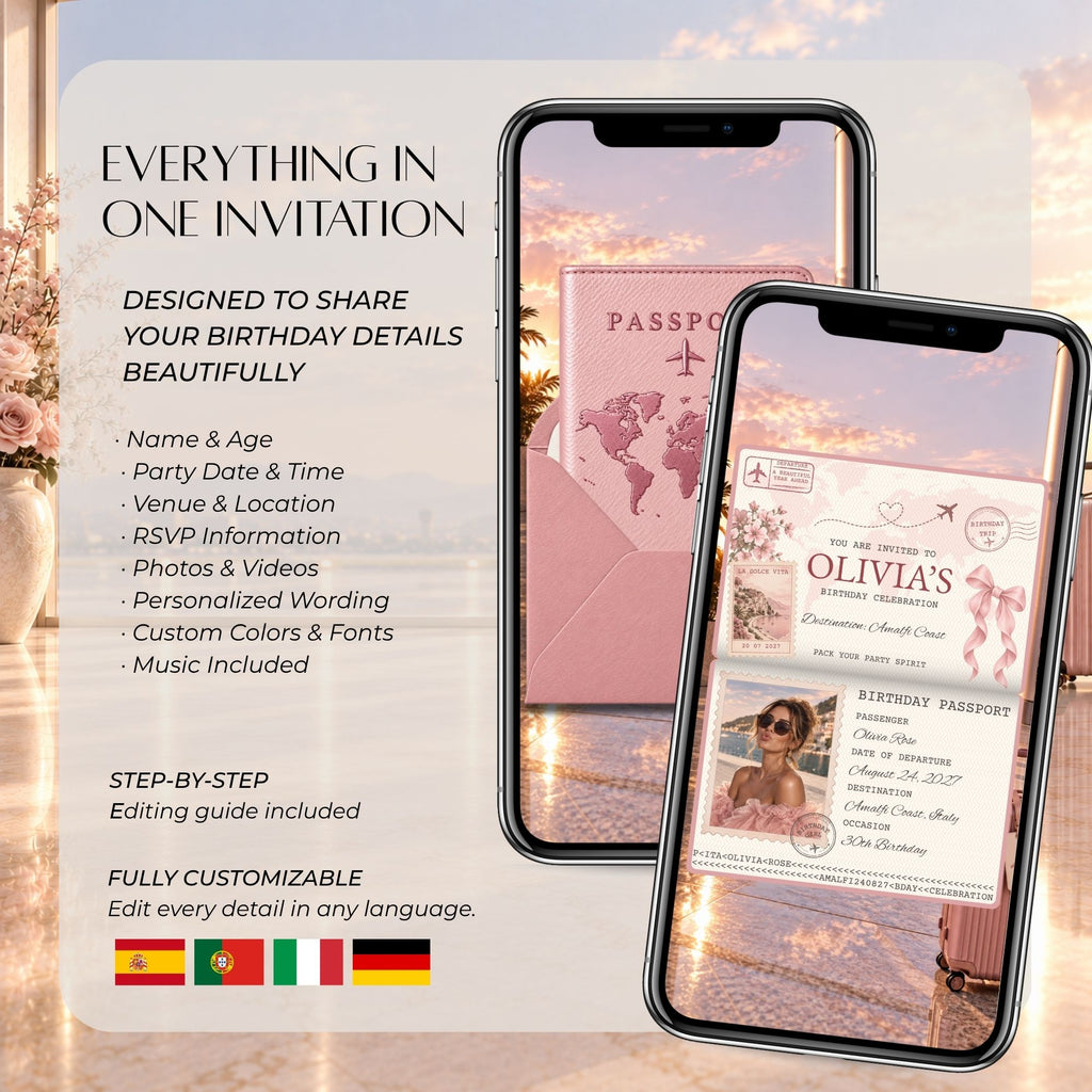 Editable pink passport birthday video invitation with party date, destination, RSVP, photos, colours, fonts and music.