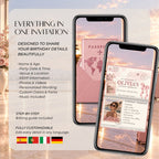 Editable pink passport birthday video invitation with party date, destination, RSVP, photos, colours, fonts and music.