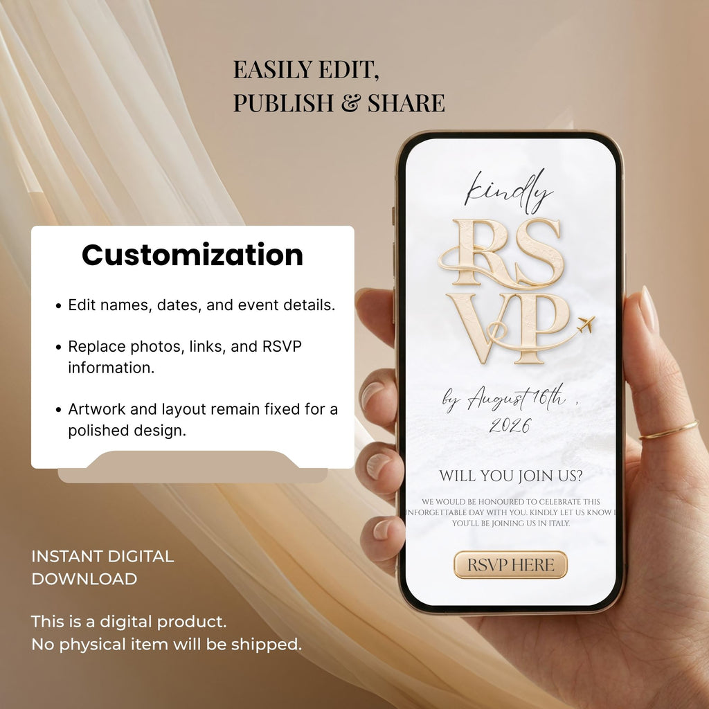 Editable passport wedding website Canva template with customizable names, dates, wedding details, photos, colours and RSVP information.