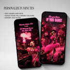 Editable pink Halloween video invitation with customizable names, date, party wording and colours displayed across mobile screens.