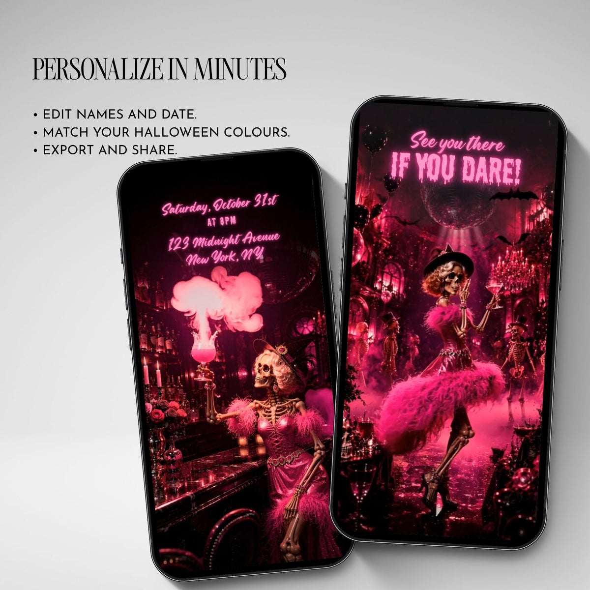 Editable pink Halloween video invitation with customizable names, date, party wording and colours displayed across mobile screens.