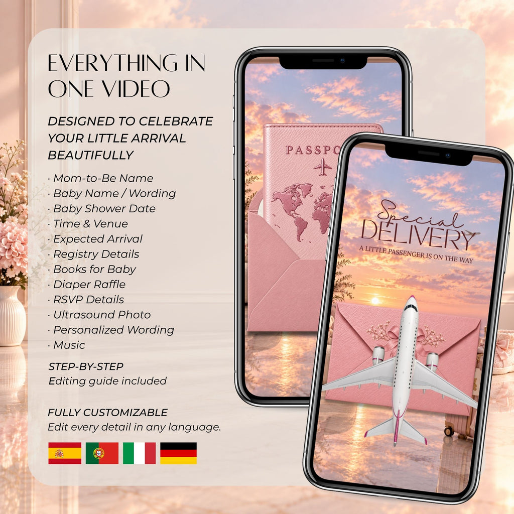 Editable pink passport baby shower video with names, date, venue, registry, RSVP, wording, colours, fonts and music.