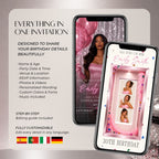 Editable pink photo booth birthday video template with personalized name, age, party details, photos, colours, fonts and music.