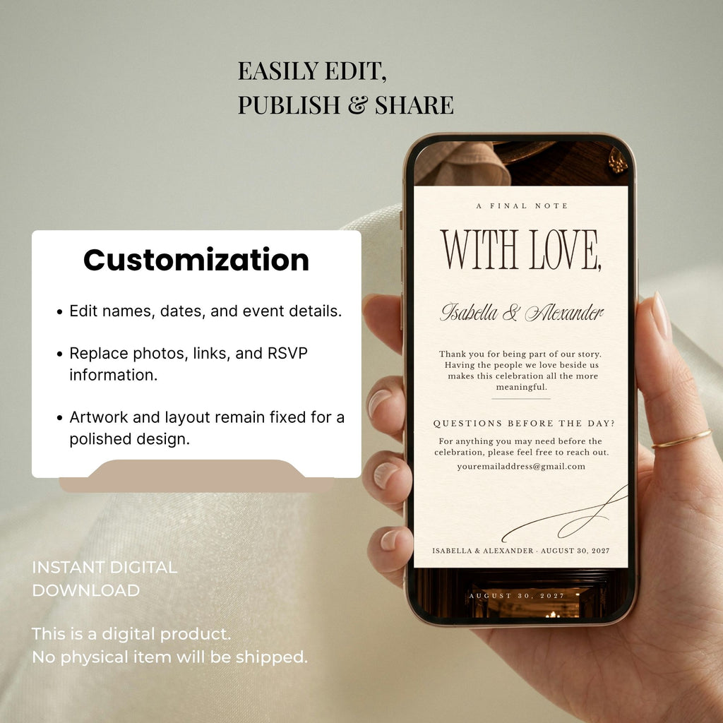 Editable wedding website template with customizable names, dates, photographs, RSVP information, links and wedding details.