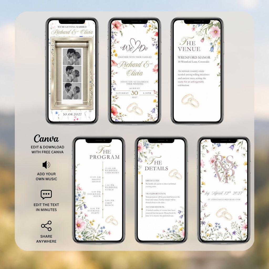 Editable wildflower wedding video template showing photo booth, invitation, programme, RSVP and floral wedding detail screens.