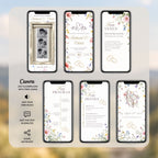 Editable wildflower wedding video template showing photo booth, invitation, programme, RSVP and floral wedding detail screens.