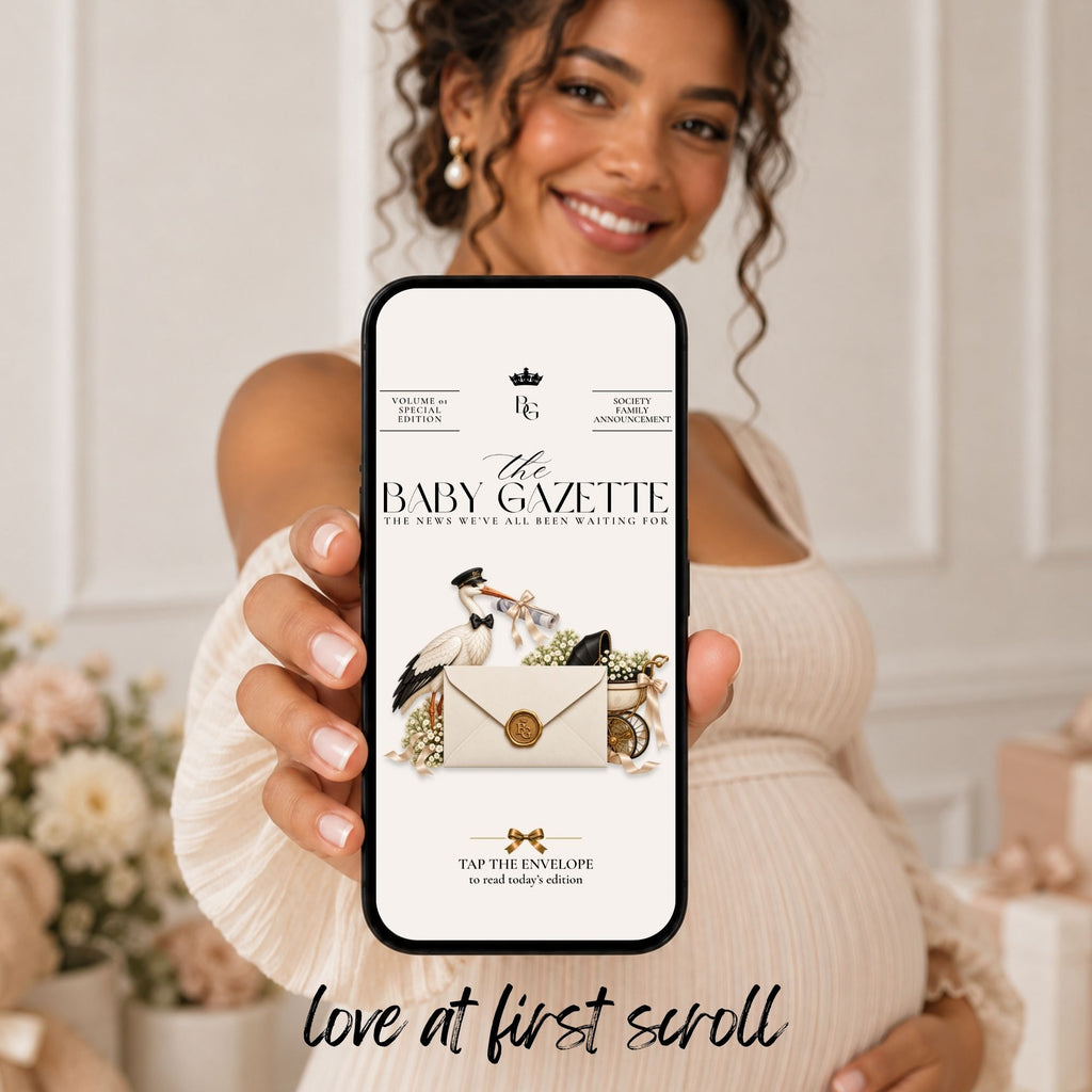 Editorial baby shower website shown on a phone with newspaper inspired design, personalized event details and neutral styling.